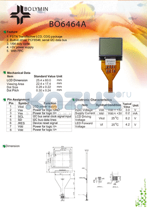 BO6464A datasheet - FSTN Transflective LCD, COG package Built-in driver PCF8548, serial I2C data bus