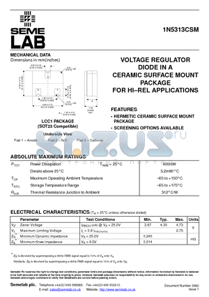 1N5313CSM datasheet - VOLTAGE REGULATOR