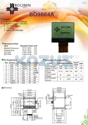 BO9864A datasheet - FSTN LCD, COG Package Bulit-in controller SSD1815