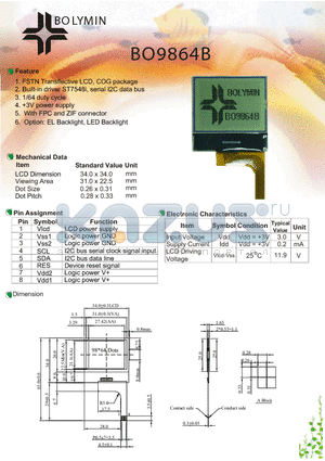 BO9864B datasheet - FSTN Transflective LCD, COG package Built-in driver ST7548i, serial I2C data bus