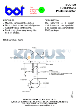 BOD100 datasheet - TO18 Plastic Phototransistor