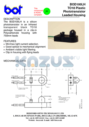 BOD100LH datasheet - TO18 Plastic Phototransistor Leaded Housing