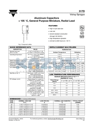 517D105M250AA6AE3 datasheet - Aluminum Capacitors  105 `C, General Purpose Miniature, Radial Lead