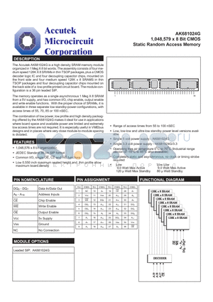 AK681024G-70LL datasheet - 1,048,579 x 8 Bit CMOS Static Random Access Memory