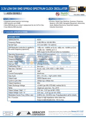 ASSV datasheet - 3.3V LOW EMI SMD SPREAD SPECTRUM CLOCK OSCILLATOR