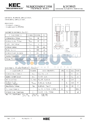 C9013 datasheet - EPITAXIAL PLANAR NPN TRANSISTOR (GENERAL PURPOSE, SWITCHING)