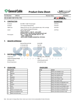 C9017A datasheet - 25C 22 AWG 7/30 TC PVC / PVC