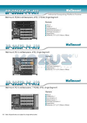 BP-206SP-P4-A10 datasheet - Wallmount, PCISA 6-slot Backplane, 4 PCI, 3 PCISA, Single Segment