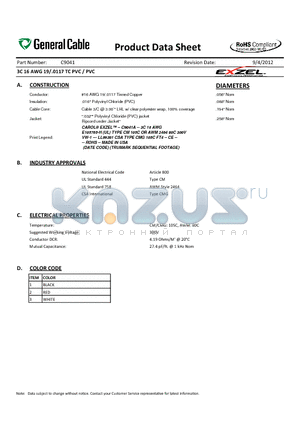 C9041A datasheet - 3C 16 AWG 19/.0117 TC PVC / PVC