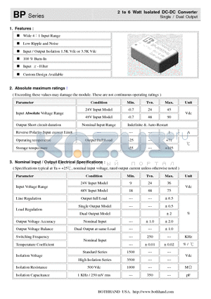 BP-2405S2 datasheet - 2 to 6 Watt Isolated DC-DC Converter Single / Dual Output