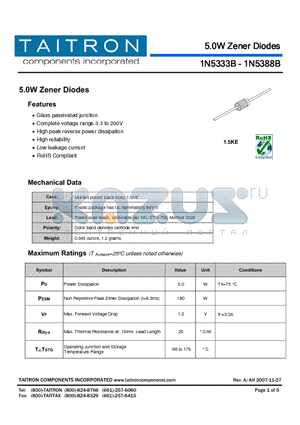 1N5337B datasheet - 5.0W Zener Diodes