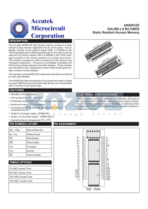 AK68512D datasheet - 524,288 x 8 Bit CMOS Static Random Access Memory