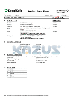 C9111A datasheet - 4C 22 AWG 7/30 TC PVC / OAS / PVC
