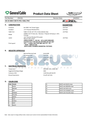 C9115A datasheet - 15C 22 AWG 7/30 TC PVC / OAS / PVC