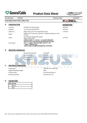 C9118A datasheet - 2C 20 AWG 7/28 TC PVC / OAS / PVC