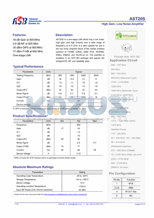 AST20S datasheet - High Gain, Low Noise Amplifier