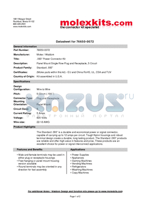 11-02-0003 datasheet - Panel Mount Single Row Plug and Receptacle, 5 Circuit