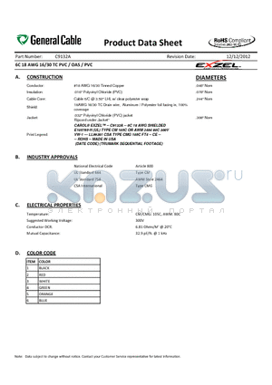 C9132A datasheet - 6C 18 AWG 16/30 TC PVC / OAS / PVC