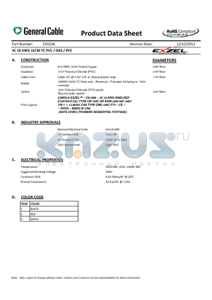 C9129A datasheet - 3C 18 AWG 16/30 TC PVC / OAS / PVC