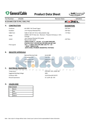 C9120A datasheet - 4C 20 AWG 7/28 TC PVC / OAS / PVC