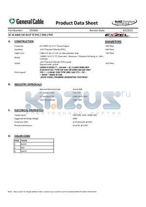 C9140A datasheet - 3C 16 AWG 19/.0117 TC PVC / OAS / PVC
