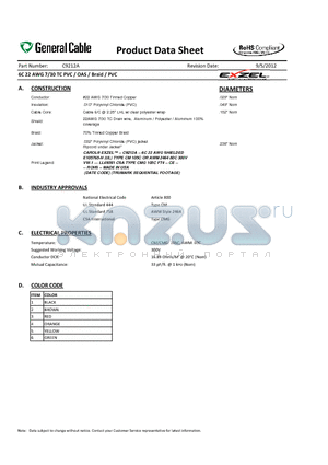 C9212A datasheet - 6C 22 AWG 7/30 TC PVC / OAS / Braid / PVC