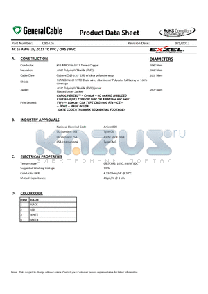 C9142A datasheet - 4C 16 AWG 19/.0117 TC PVC / OAS / PVC