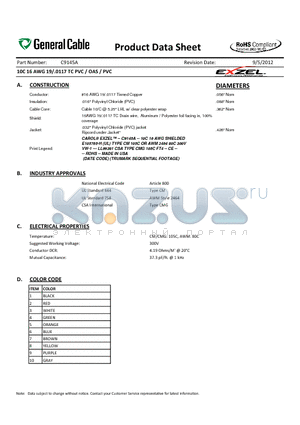 C9145A datasheet - 10C 16 AWG 19/.0117 TC PVC / OAS / PVC