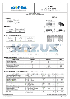 C945 datasheet - NPN Plastic Encapsulate Transistor