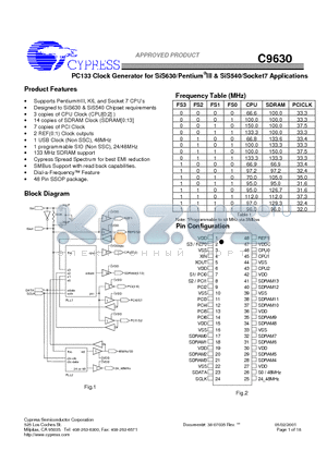 C9630 datasheet - PC133 Clock Generator for SiS630/Pentium III & SiS540/Socket7 Applications