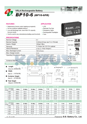 BP10-6 datasheet - VRLA Rechargeable Battery