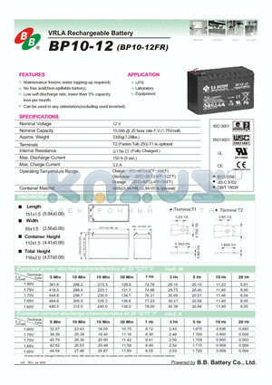 BP10-12 datasheet - VRLA Rechargeable Battery