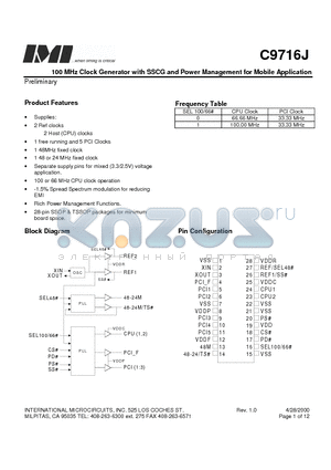 C9716JT datasheet - 100 MHz Clock Generator with SSCG and Power Management for Mobile Application