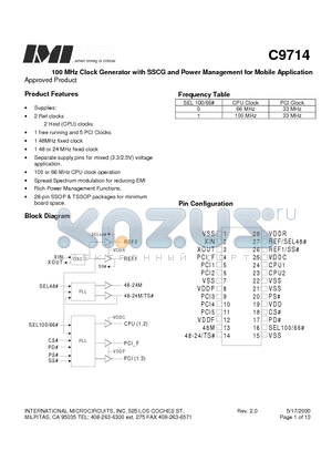 C9714 datasheet - 100 MHz Clock Generator with SSCG and Power Management for Mobile Application