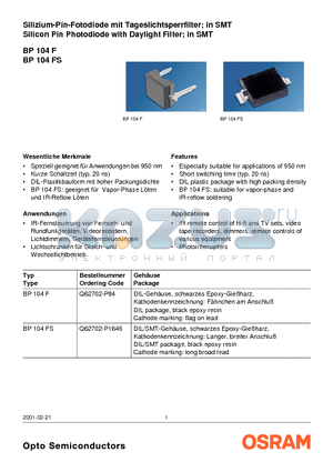 BP104F datasheet - Silizium-Pin-Fotodiode mit Tageslichtsperrfilter