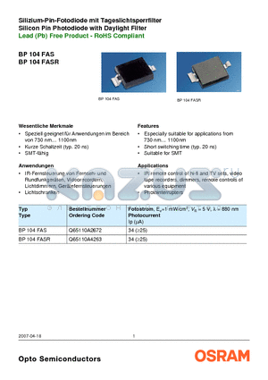 BP104FAS datasheet - Silicon Pin Photodiode with Daylight Filter