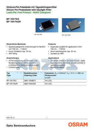 BP104FASR datasheet - Silicon Pin Photodiode with Daylight Filter