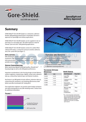 ASTM-D-1622-88 datasheet - GORE-SHIELD^ GS2100 EMI Gasket is a conductive, adhesive backed, EMI gasketing material that is moderately soft and is approved for spacefl ight and military applications.