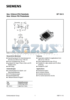BP104S datasheet - Neu: Silizium-PIN-Fotodiode, New: Silicon PIN Photodiode