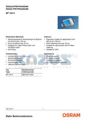 BP104S datasheet - Silizium-PIN-Fotodiode Silicon PIN Photodiode