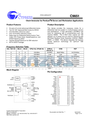 C9851BT datasheet - Clock Generator for Pentium III Server and Workstation Applications