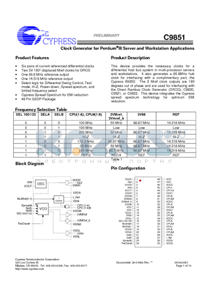 C9851BY datasheet - Clock Generator for Pentium III Server and Workstation Applications