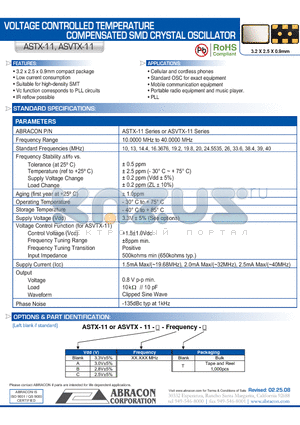 ASTX-11 datasheet - VOLTAGE CONTROLLED TEMPERATURE COMPENSATED SMD CRYSTAL OSCILLATOR