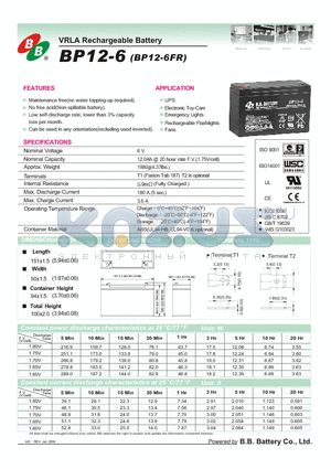 BP12-6 datasheet - VRLA Rechargeable Battery