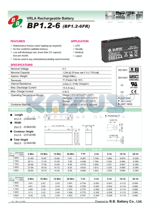 BP12-6 datasheet - VRLA Rechargeable Battery