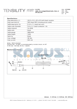 CA-2184 datasheet - Cable, P6 to stripped/tinned ends, 6 feet, 24 AWG zip cord