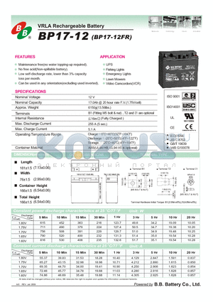 BP17-12FR datasheet - VRLA Rechargeable Battery