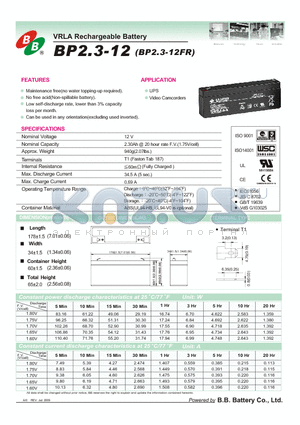 BP2.3-12 datasheet - VRLA Rechargeable Battery