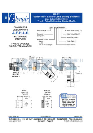 390AK011M10 datasheet - Splash-Proof EMI/RFI Cable Sealing Backshell Light-Duty with Strain Relief