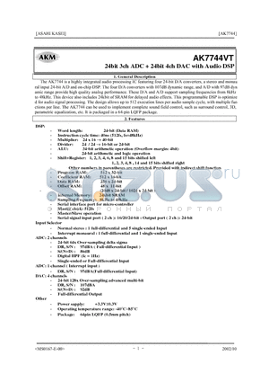 AK7744VT datasheet - 24bit 3ch ADC  24bit 4ch DAC with Audio DSP